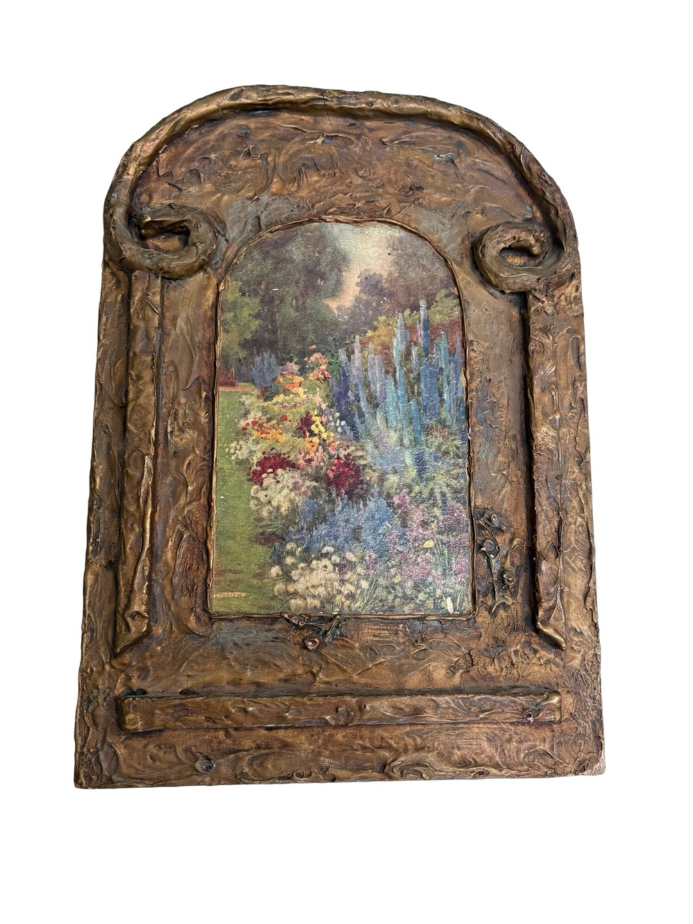 Antique Pilkington print on Folk Tramp Art Gold Wood Frame Wall